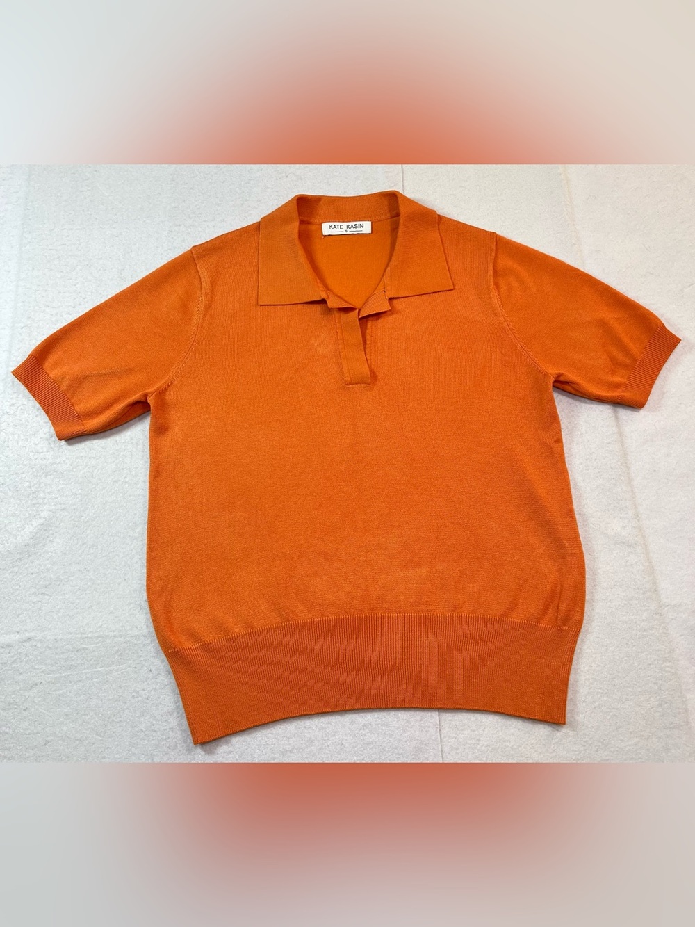 Kate Kasin Women’s Ribbed V-neck Short Sleeve Polo Sweater Top,Orange, Small